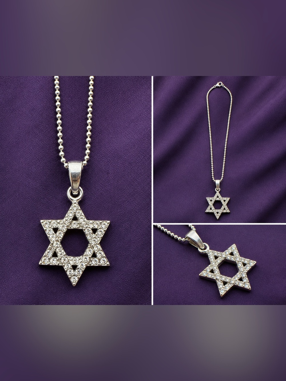 Vintage Rhinestone Star of David Necklace Silver Tone Judaica Pendant 16 inch